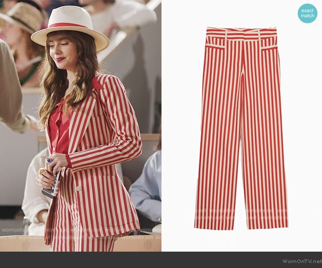 Tara Jarmon Vivante Red Stripe Cotton Pants worn by Emily Cooper (Lily Collins) on Emily in Paris