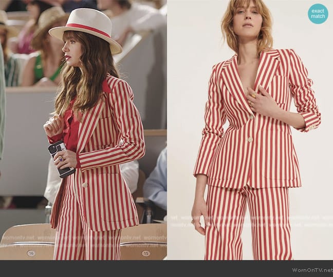 Tara Jarmon Vivante Red Stripe Cotton Blazer worn by Emily Cooper (Lily Collins) on Emily in Paris