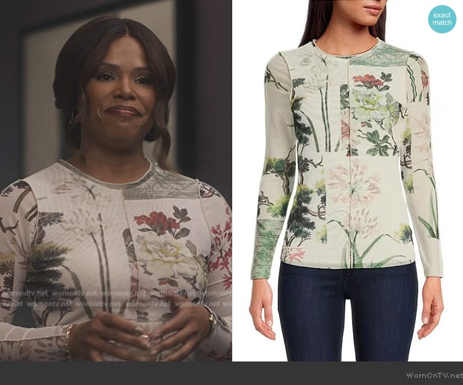 Ted Baker Lareana Floral Mesh Crew Neck Long Sleeve Tee Shirt worn by Erika (Diandra Lyle) on Bel-Air