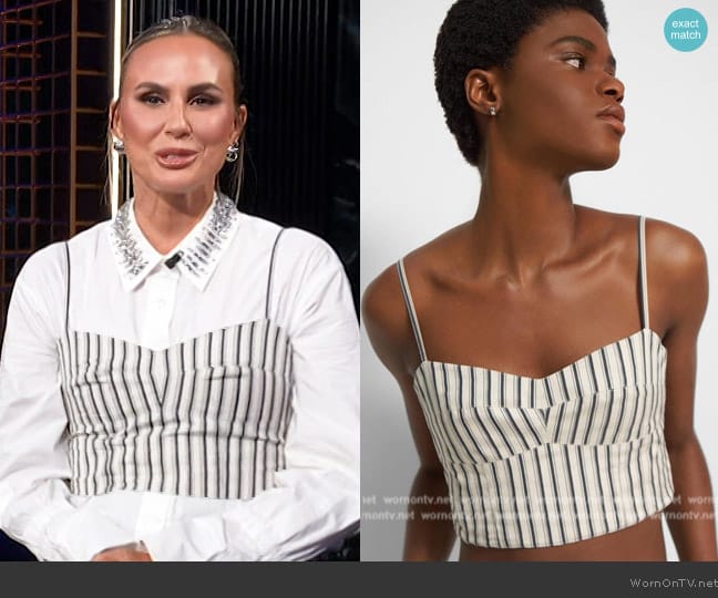 Theory Bustier-shirt set in striped cotton poplin worn by Keltie Knight on E! News