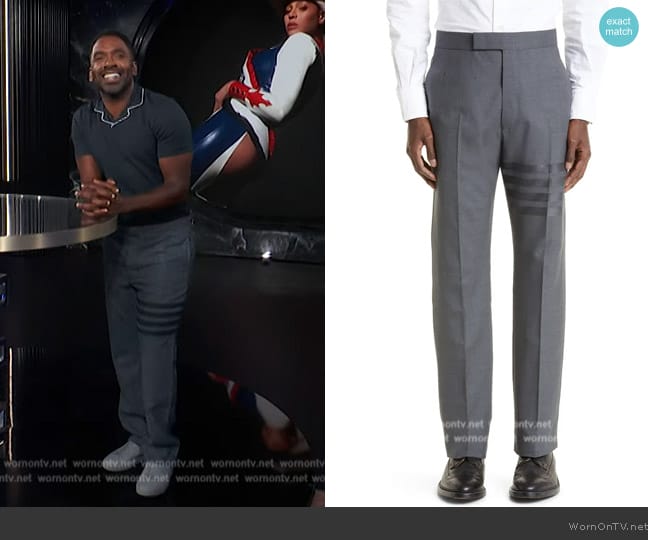 Thom Browne 4-Bar Mélange Wool Pants worn by Justin Sylvester on E! News