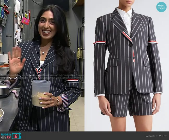 Thom Browne Stripe Tricolor Armband Wool Blazer in Dark Grey worn by Samah Dada on Today