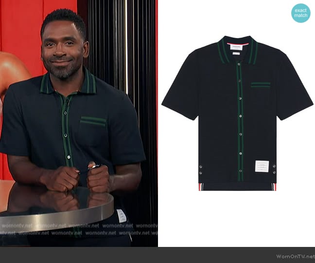 Thom Browne Navy Striped Shirt worn by Justin Sylvester on E! News