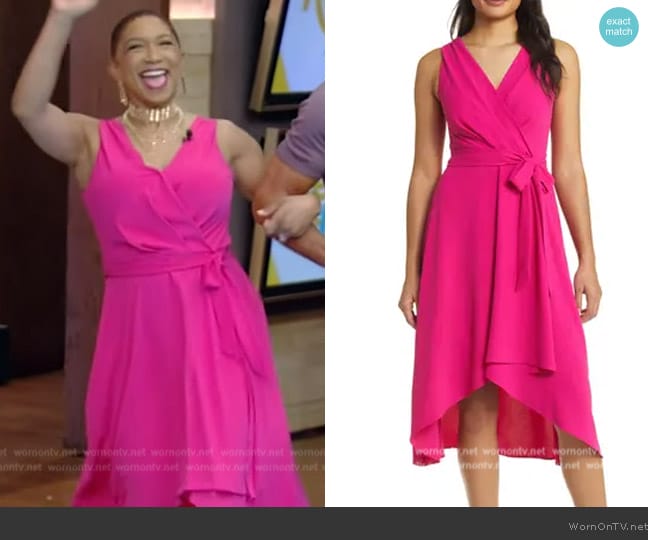 Connected Apparel Tie Belt Faux Wrap High-Low Dress worn by Deja Vu on Live with Kelly and Mark