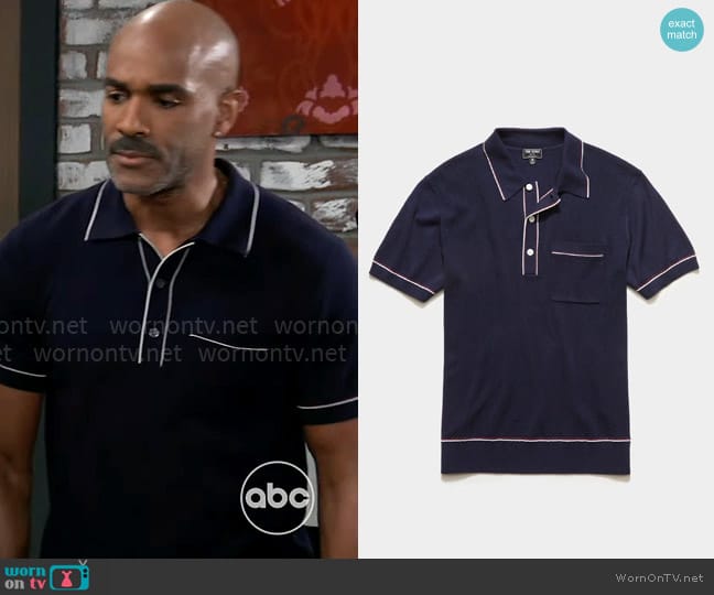 Todd Snyder Italian Cotton Silk Tipped Riviera Sweater Polo in Navy worn by Curtis Ashford (Donnell Turner) on General Hospital