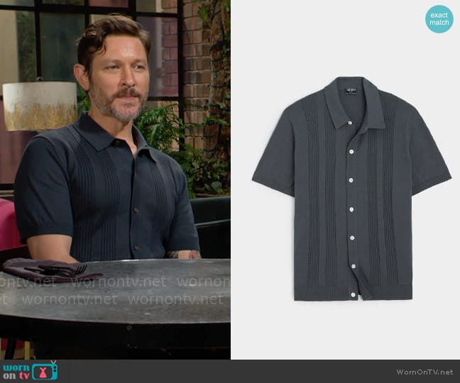 Todd Snyder Silk Cotton Ribbed Full Placket Polo in Smoke worn by Daniel Romalotti (Michael Graziadei) on The Young and the Restless