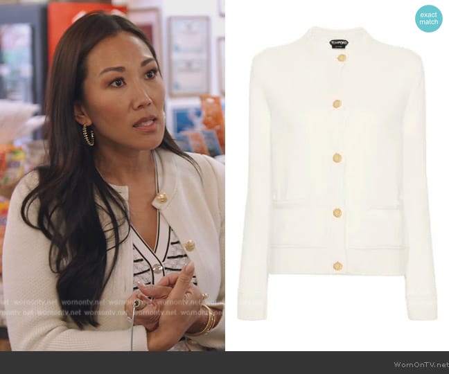 Tom Ford Round-neck cashmere cardigan worn by Katie Ginella on The Real Housewives of Orange County