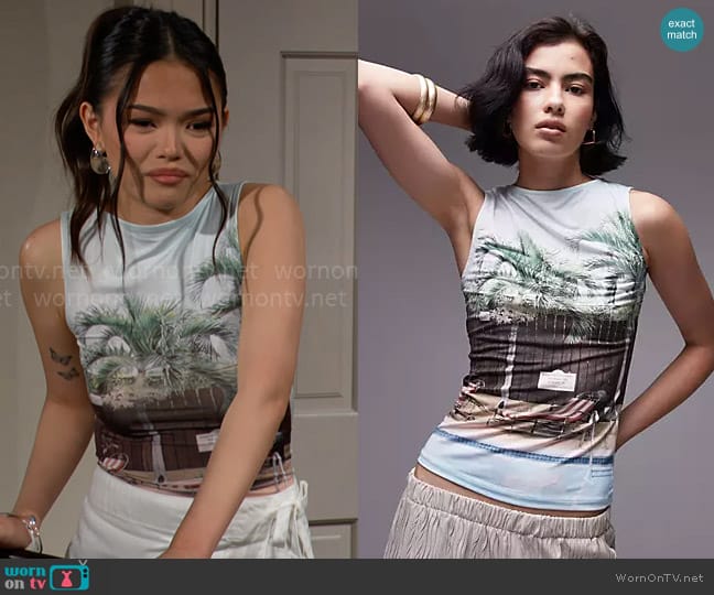 Topshop Landscape pool side slash neck tank worn by Luna (Lisa Yamada) on The Bold and the Beautiful