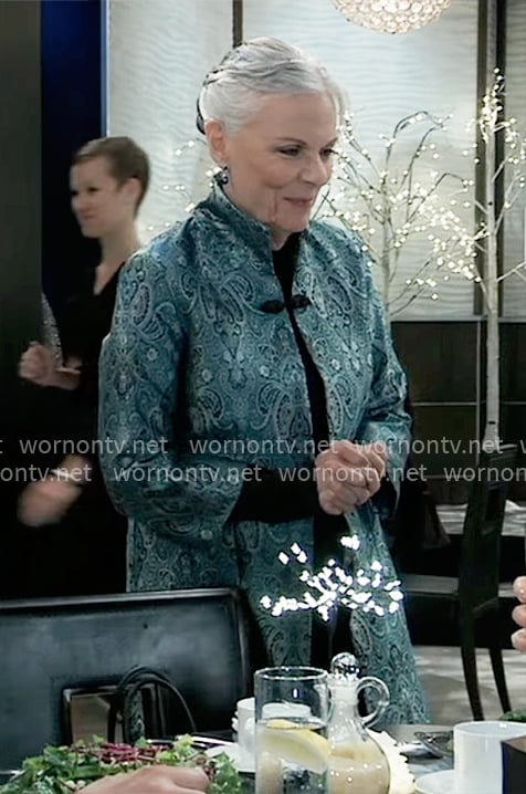 Tracy's blue paisley print jacket on General Hospital