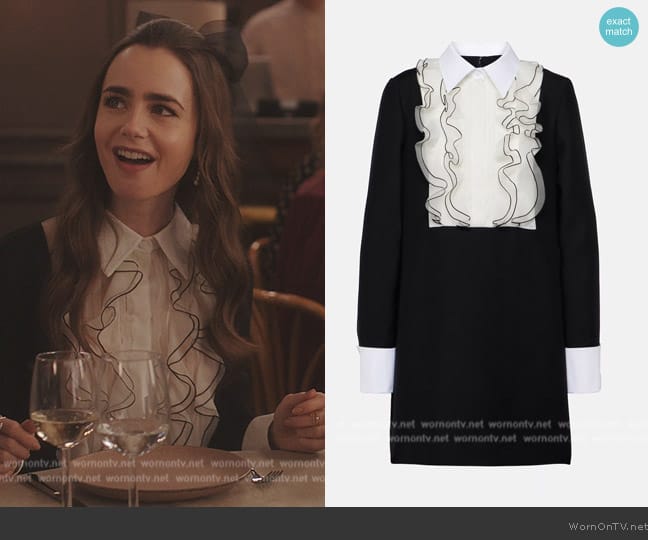 Valentino Crepe Couture ruffled minidress worn by Emily Cooper (Lily Collins) on Emily in Paris