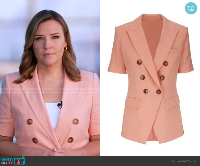 Veronica Beard Atwood Stretch Linen Double-Breasted Jacket in Coral worn by Mary Bruce on Good Morning America