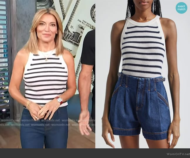 Veronica Beard Myrick Stripe Cashmere Sweater Tank worn by Kit Hoover on Access Hollywood