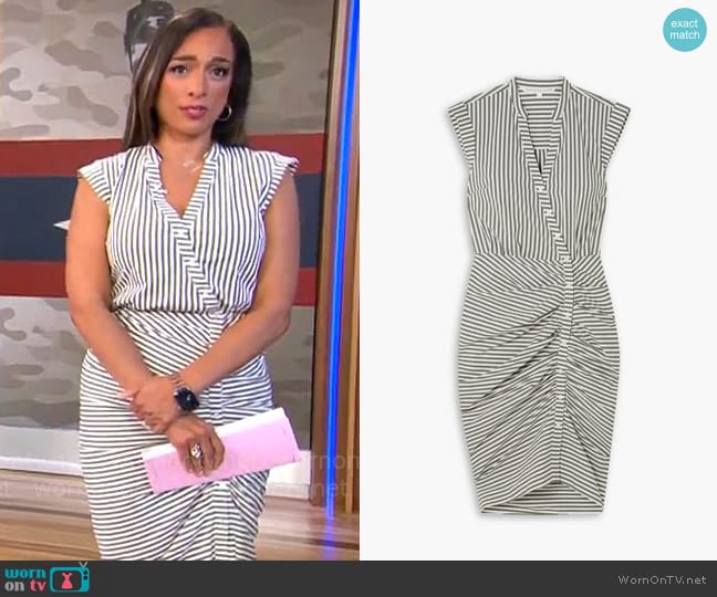 Veronica Beard Ruched striped cotton-blend poplin shirt dress worn by Michelle Miller on CBS Mornings