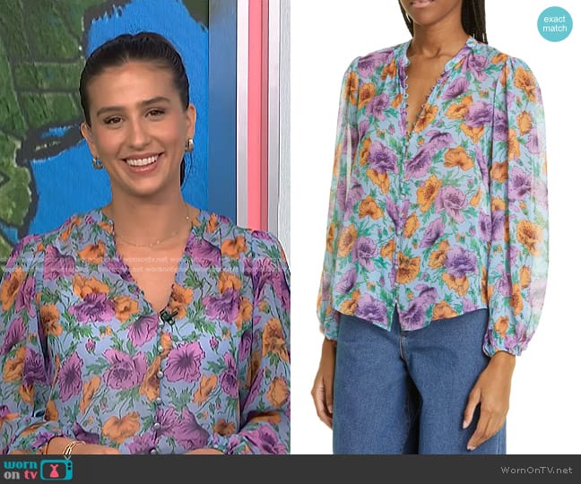 Veronica Beard Syden Floral Silk Buton-Up Blouse worn by Angie Lassman on NBC News Daily