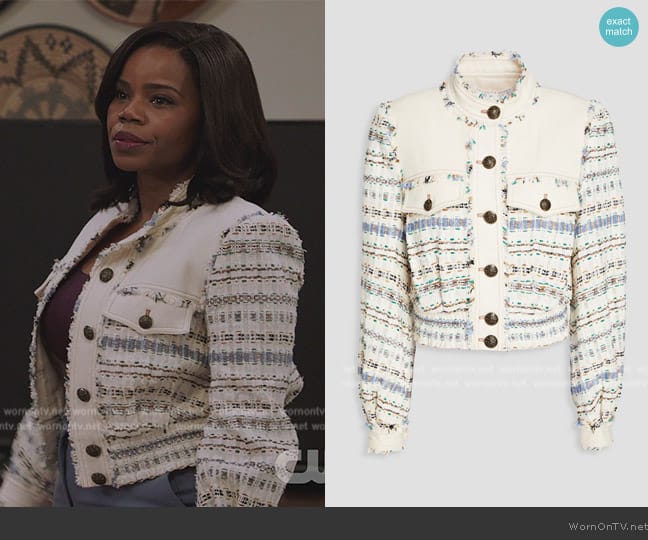 Veronica Beard Darren gabardine-paneled tweed jacket worn by Amara Patterson (Kelly Jenrette) on All American Homecoming