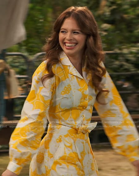 Victoria's yellow floral print top and short set on Bunkd