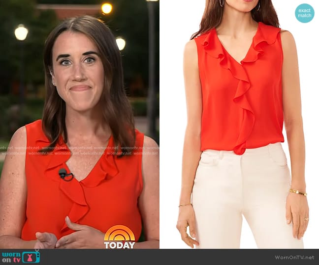 Vince Camuto Ruffle Neck Sleeveless Georgette Blouse in Firey Red worn by Maggie Vespa on Today