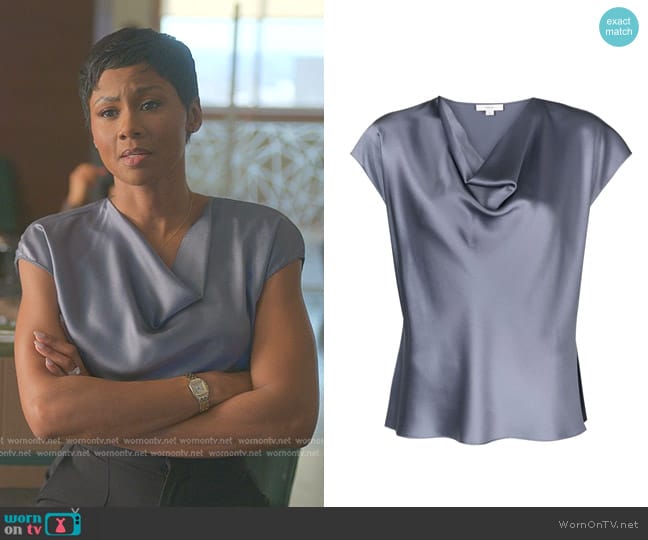 Vince Cowl Neck Silk Blouse in Iris Smoke worn by Jax Stewart (Emayatzy Corinealdi) on Reasonable Doubt