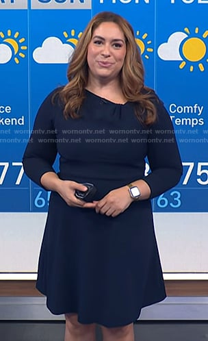 Violeta's navy asymmetric neck flare dress on NBC News Daily