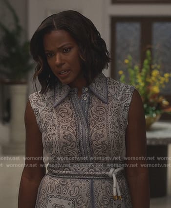 Viv's blue paisley print top and skirt on Bel-Air