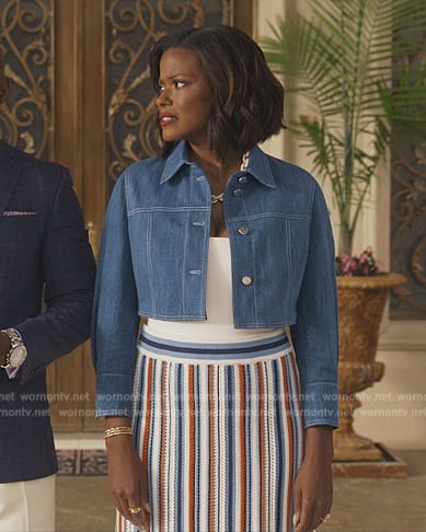 Viv’s denim jacket and striped skirt on Bel-Air