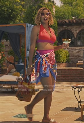 Viv's printed sarong and bag on Bel-Air