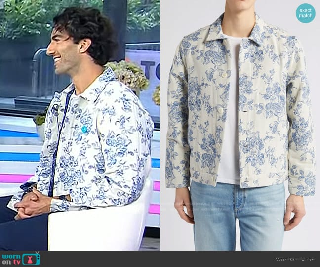 Wax London Iggy Floral Toile Jacquard Jacket in Ecru/ Blue worn by Justin Baldoni on Today