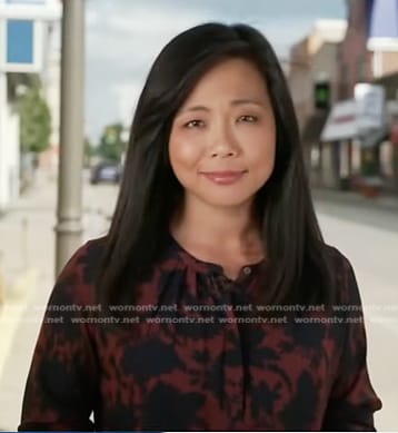 Weijia Jiang's brown floral blouse on CBS Evening News