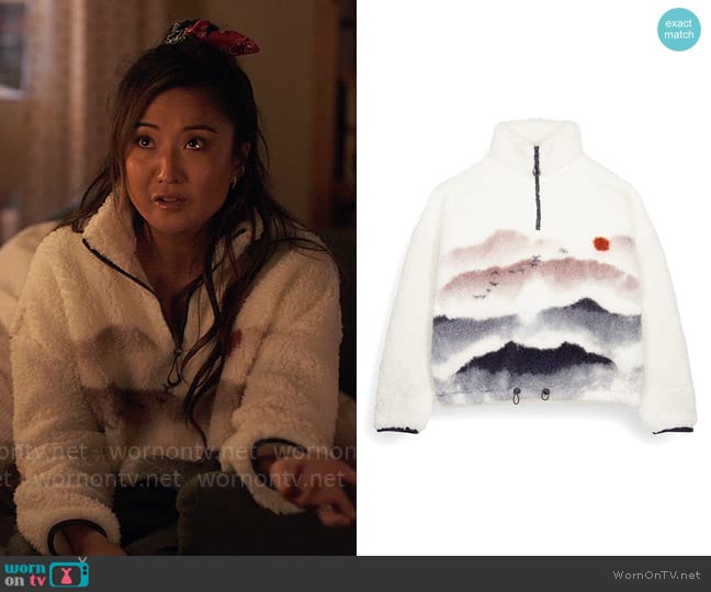 Women'secret Sherpa Landscape Sweatshirt worn by Mindy Chen (Ashley Park) on Emily in Paris