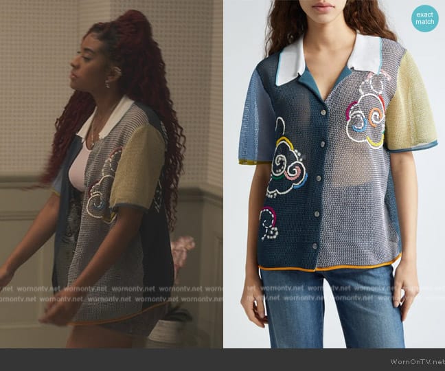 YanYan Netty Cloud Colorblock Organic Cotton Blend Button-Up Shirt worn by Amira (Pascual-Peña) on Bel-Air