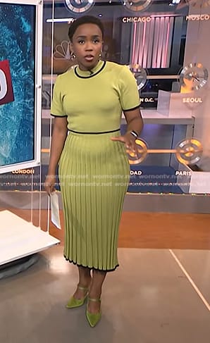 Zinhle’s yellow contrast trim pleated dress on NBC News Daily