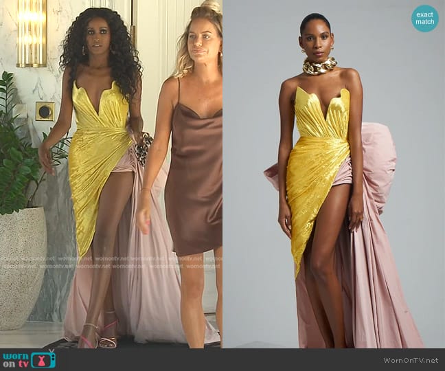 Laith Almalouf Yellow Plunge Dress with Blush Pink Trail LM2022R5 worn by Chanel Ayan (Chanel Ayan) on The Real Housewives of Dubai