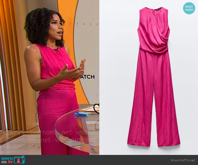 Zara Gathered Waist Satin Effect Jumpsuit worn by Adriana Diaz on CBS Mornings