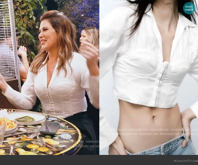 Zara Corset style white poplin cropped shirt worn by Emily Simpson on The Real Housewives of Orange County