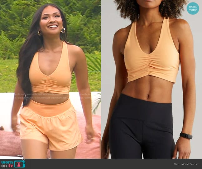 Zella Studio Luxe Ballet Longline Sports Bra in Coral Beads worn by Jenn Tran on The Bachelorette