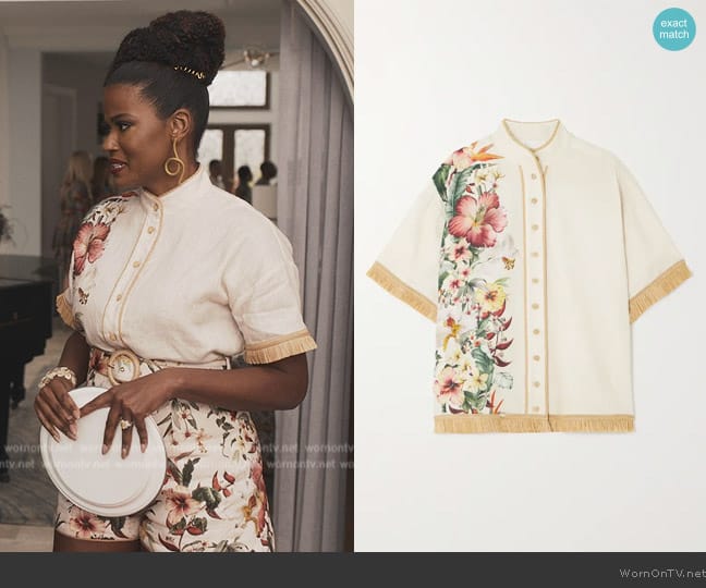 Zimmermann + NET SUSTAIN Lexi raffia-trimmed floral-print linen shirt worn by Vivian Banks (Cassandra Freeman) on Bel-Air