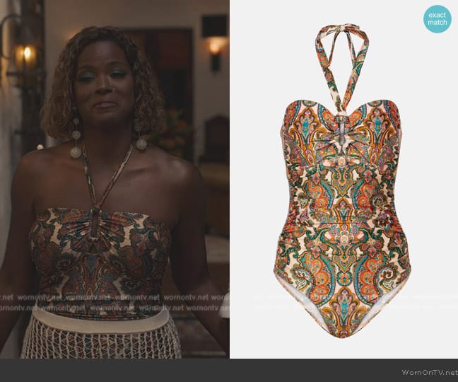 Zimmermann Ottie Wide Link paisley swimsuit worn by Vivian Banks (Cassandra Freeman) on Bel-Air