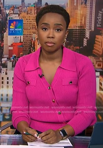 Zinhle’s purple asymmetric button down sweater on NBC News Daily