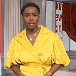 Zinhle’s yellow puff sleeve wrap blouse on NBC News Daily