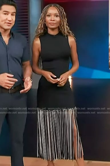 Zuri's black sleeveless fringe dress on Access Hollywood