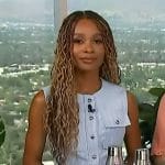 Zuri’s blue stripe button front vest on Access Hollywood