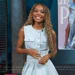 Zuri’s blue sleeveless tweed top and mini skirt on Access Hollywood