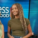 Zuri’s denim button front mini skirt on Access Hollywood