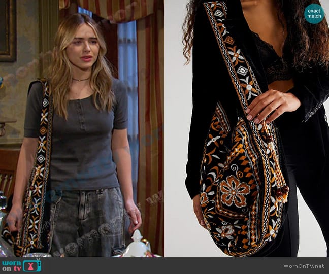 Free People Vic Velvet Slouchy Bag in Moody Midnight worn by Holly Jonas (Ashley Puzemis) on Days of our Lives