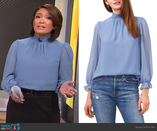 1.State Smocked Neck Long Sleeve Blouse worn by Elaine Quijano on CBS Mornings