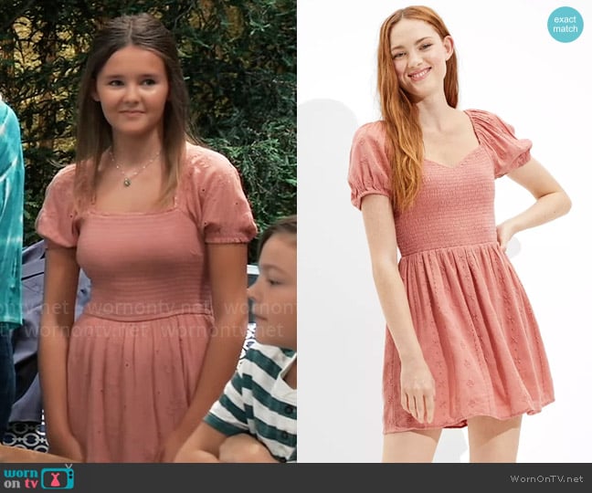 American Eagle Solid Eyelet Puff-Sleeve Mini Dress worn by Georgie Spinelli (Lily Fisher) on General Hospital