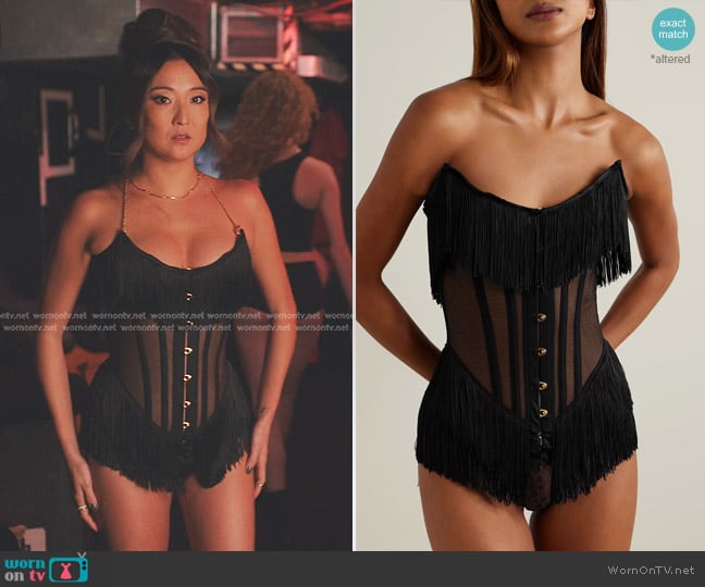 Agent Provocateur Drew Fringed Satin-trimmed Tulle Bustier Top worn by Mindy Chen (Ashley Park) on Emily in Paris