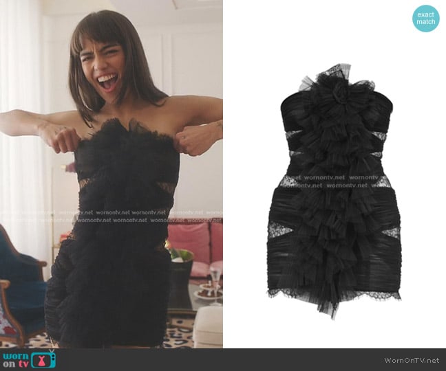 Alexandre Vauthier Ruffled Lace & Tulle Strapless Dress worn by Genevieve (Thalia Besson) on Emily in Paris