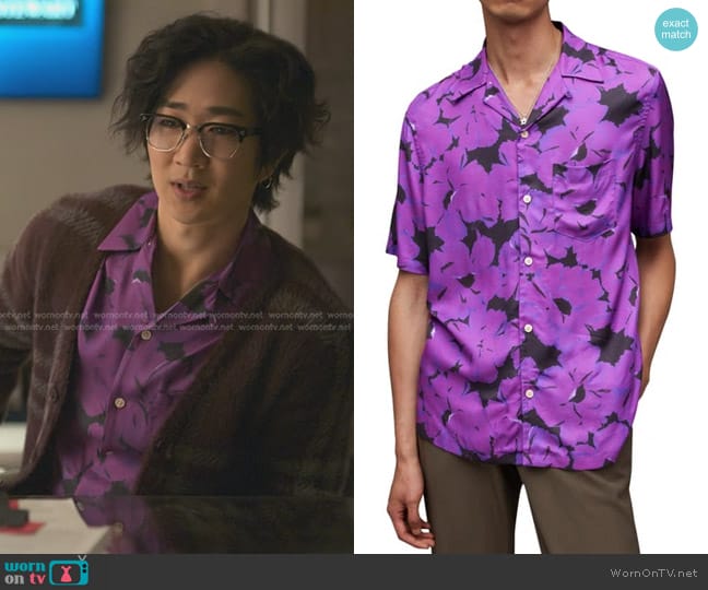 in Electric Purple by Allsaints Kaza Relaxed Fit Floral Camp Shirt worn by Daniel Kim (Tim Jo) on Reasonable Doubt