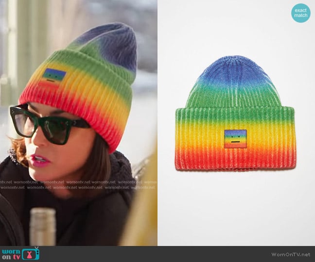 Acne Studios Rainbow Beanie in Coral Red/Green worn by Bronwyn Newport on The Real Housewives of Salt Lake City